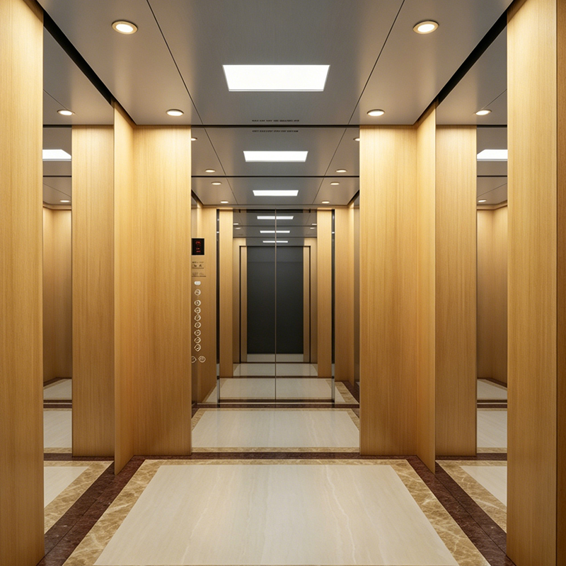 Elevador comercial de passageiros com acabamento em folheado de madeira