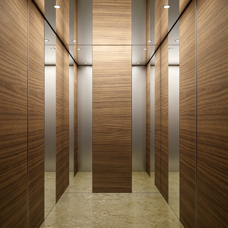 Moderno elevador de passageiros com interior em cabine de folheado de madeira